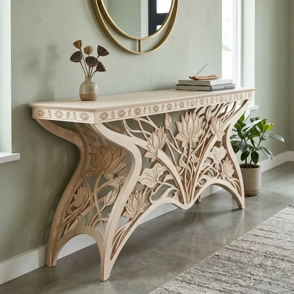 Wooden Console Table Lotus Floral Home Decor