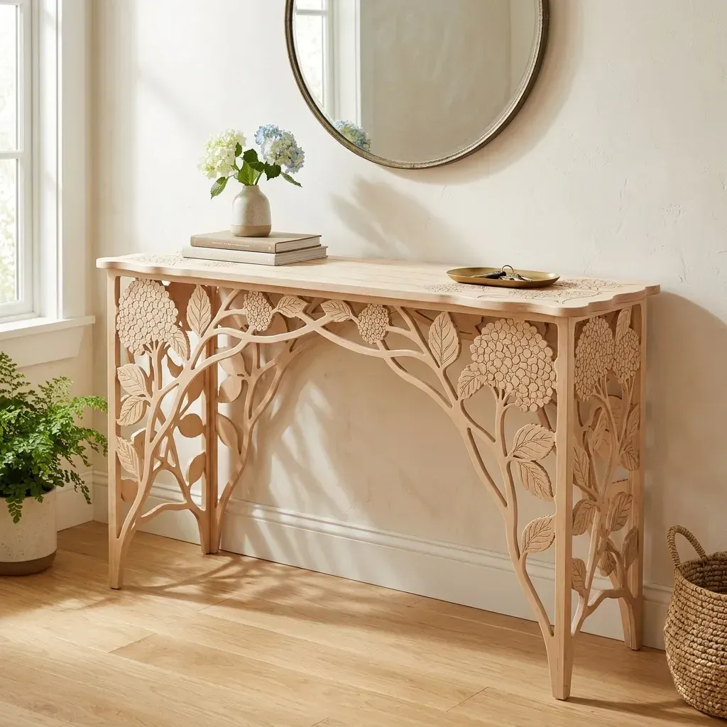 Wooden Console Table Hydrangea Floral Home Decor